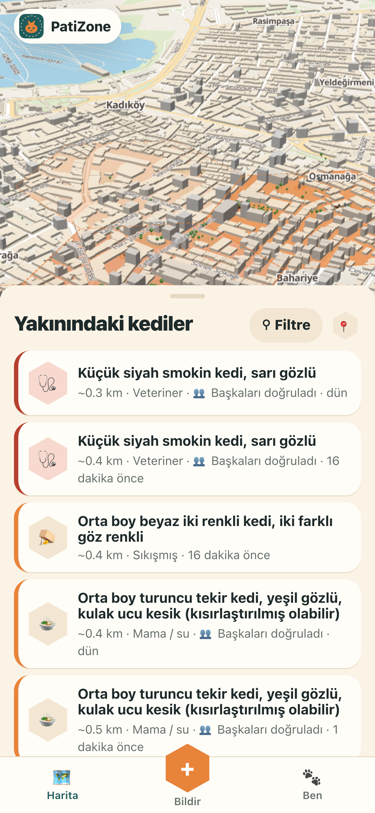 PatiZone harita ekranı: 3D şehir ve yardım bekleyen kedilerin bölgeleri